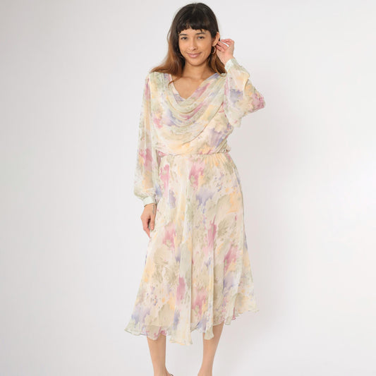80s Ursula Pastel Watercolor Floral Chiffon Midi Dress Cowl Neck Medium