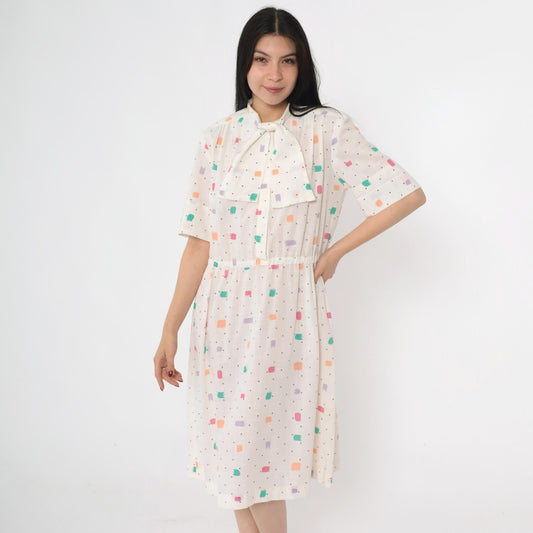 80s White Brushstroke Polka Dot Midi Shirtdress Ascot High Waist Large