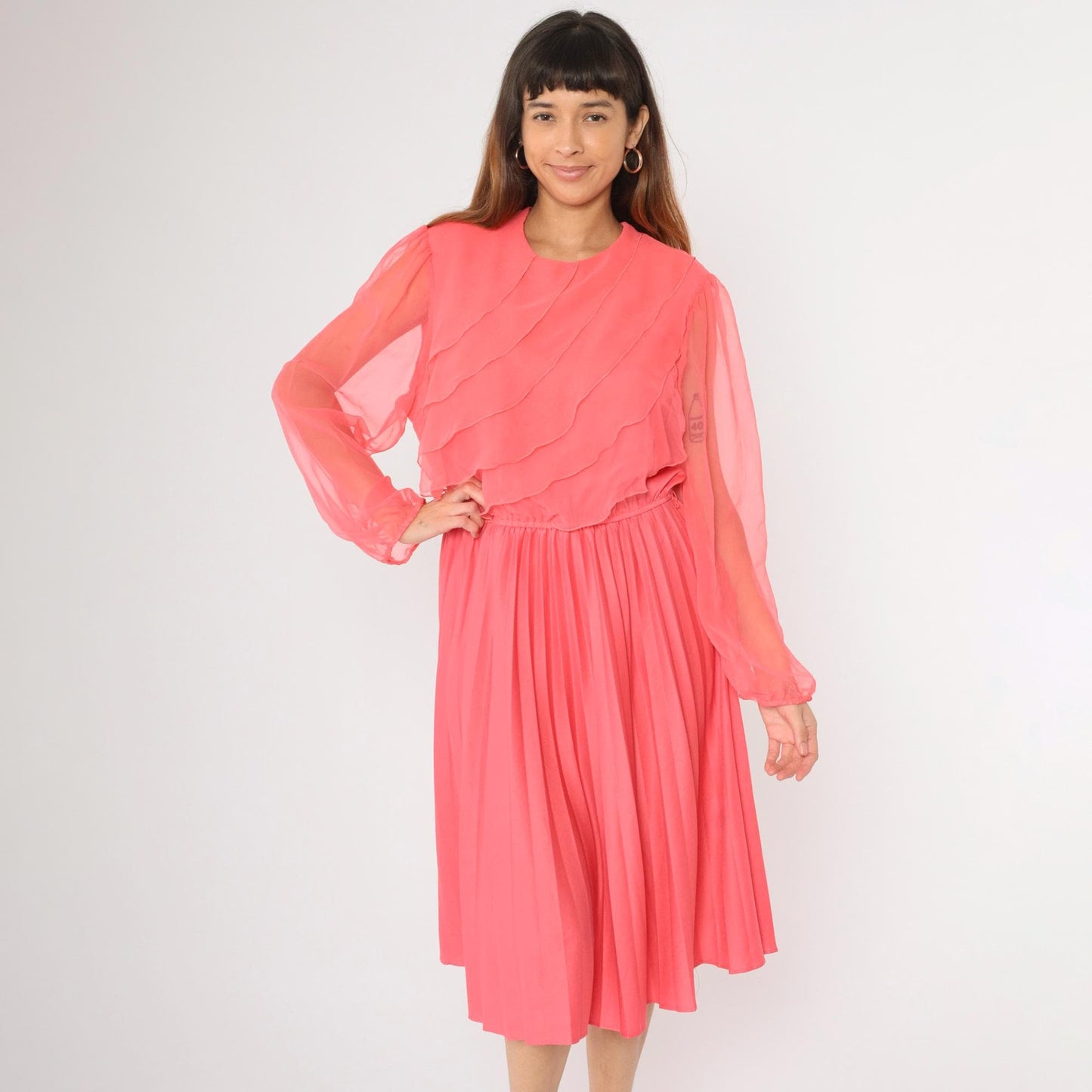 80s Coral Pink Chiffon Midi Dress Puff Sleeves Ruffled Bodice Large L