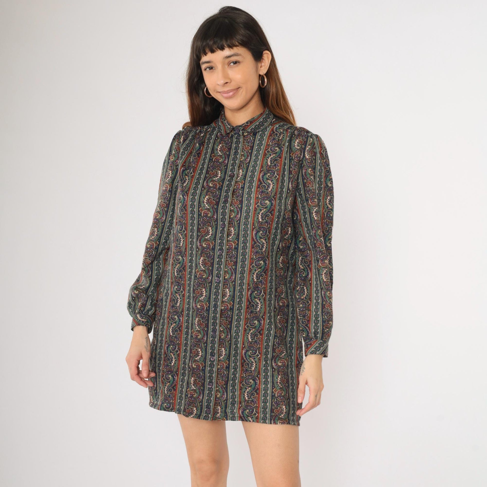 80s Paisley Striped Mini Dress Puff Sleeve Button-Up Shirtdress Medium Large