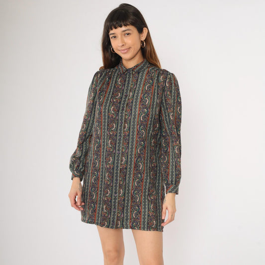 80s Paisley Striped Mini Dress Puff Sleeve Button-Up Shirtdress Medium Large