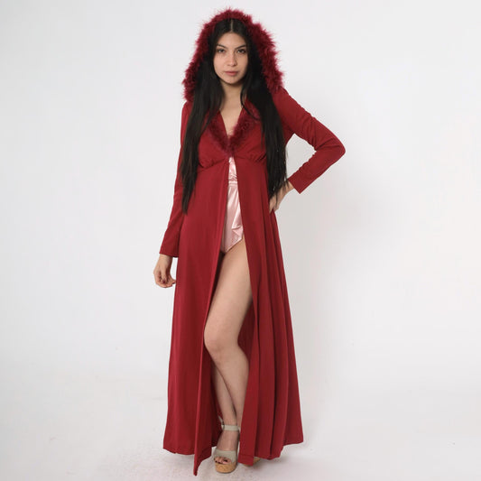 70s Burgundy Maxi Jacket Feather Trim Hood Deep V Neck Small Medium