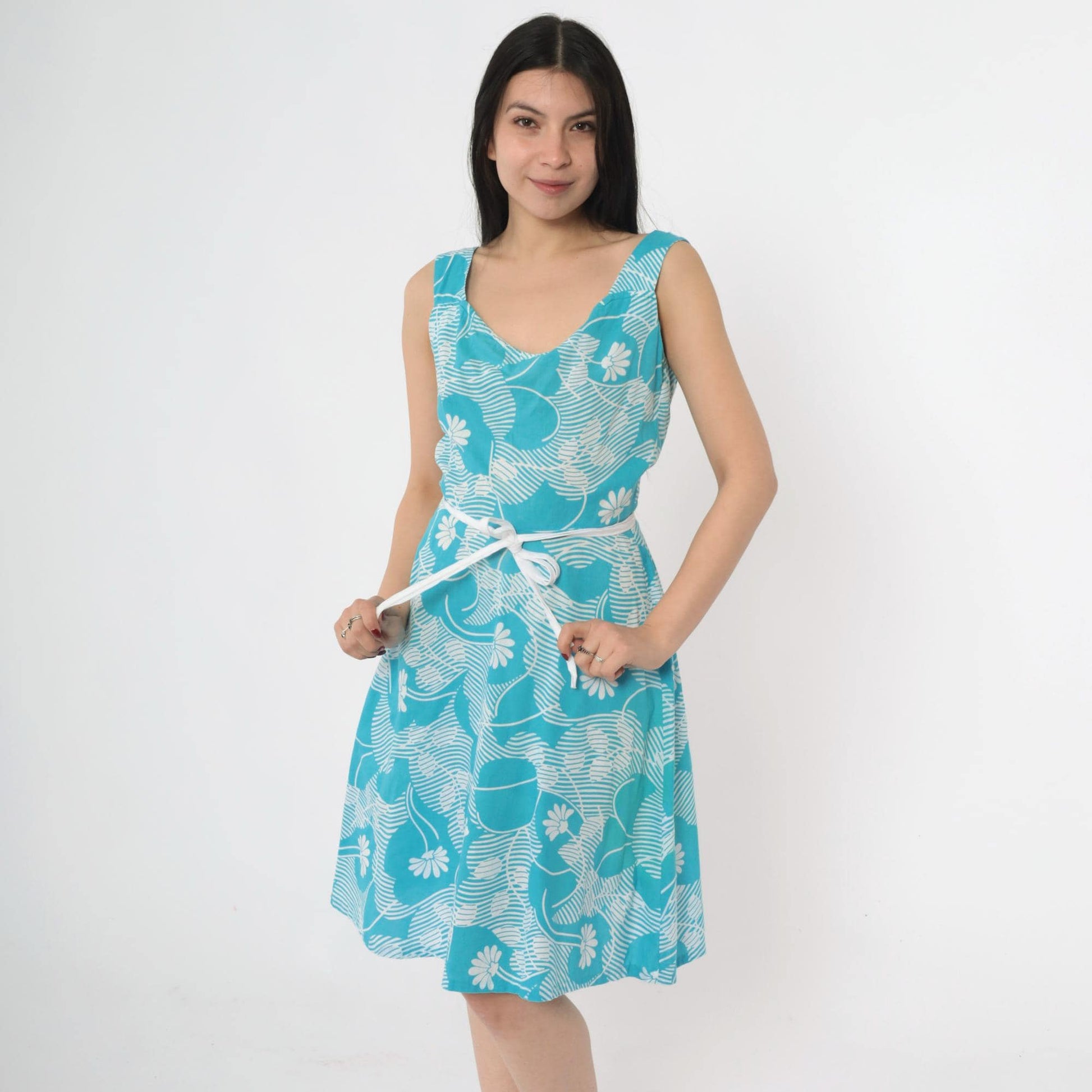 70s Andrade Hawaiian Floral Wrap Sundress Blue White A-Line Small