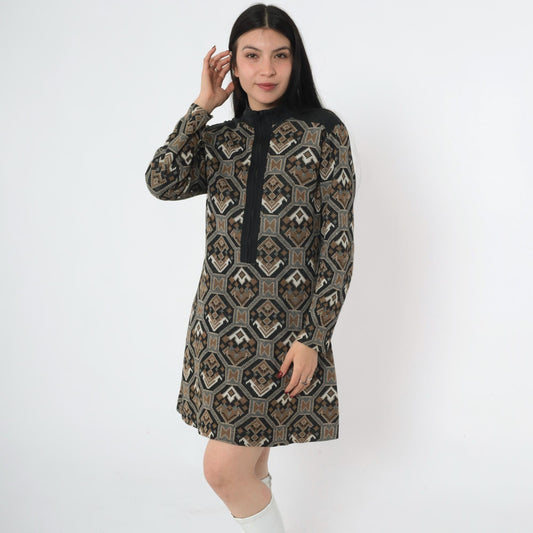 70s Mod Shift Dress Geometric Print Mock Neck Mini Black Brown Medium