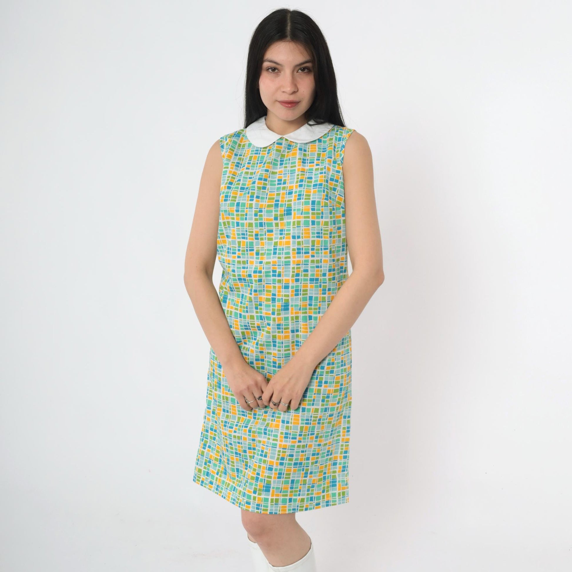 60s Mod Geometric Mini Dress Peter Pan Collar Sleeveless Green Blue Small
