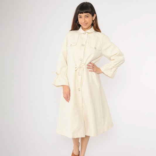 70s Cream Trench Coat Drawstring Waist Pointed Collar Button Front Medium