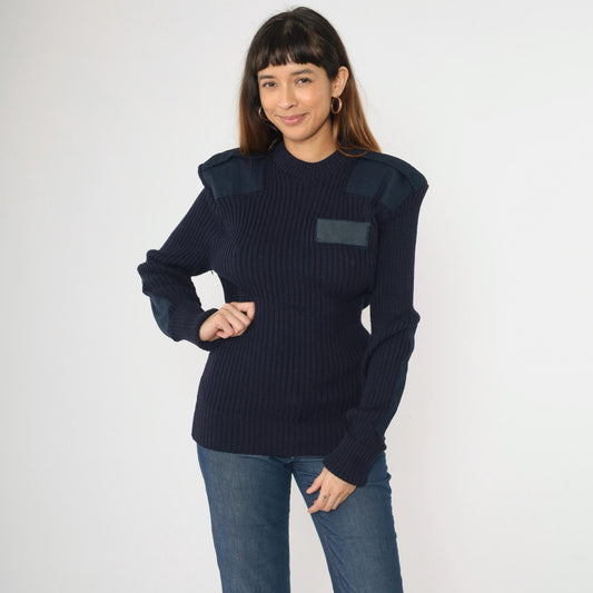 80s Imperial Knitting Co Military Wool Sweater Navy Epaulettes Large