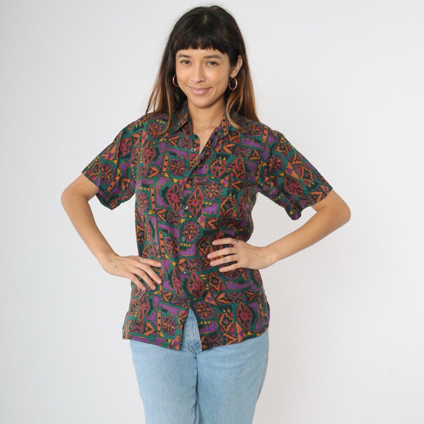90s Robert Stock Silk Button Up Geometric Print Purple Green Short Sleeve Extra Small