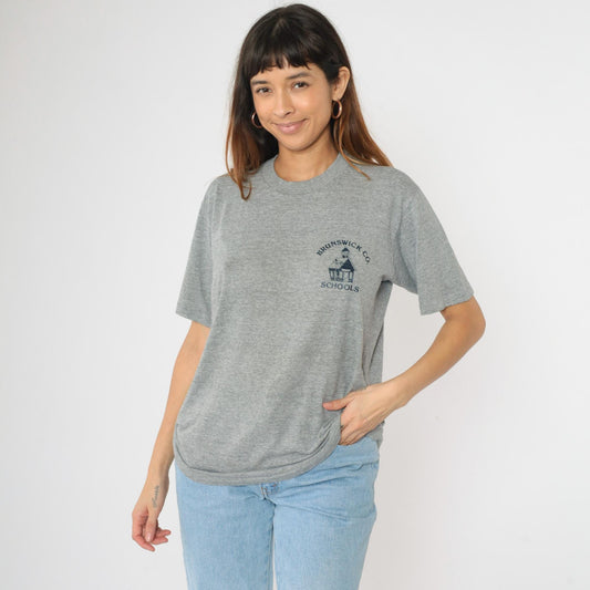 90s Brunswick County Schools Graphic T-Shirt Grey Jerzees USA Made Large