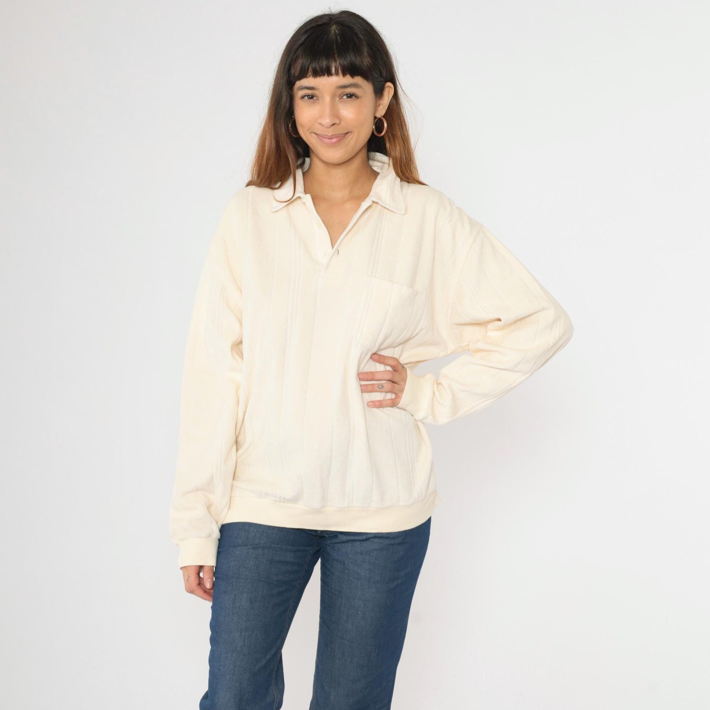 80s Cream Velour Polo Sweatshirt Collared Button-Up Long Sleeve Extra Large