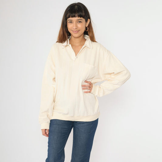 80s Cream Velour Polo Sweatshirt Collared Button-Up Long Sleeve Extra Large