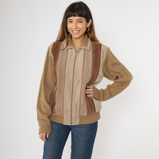 80s Tan Suede Striped Bomber Jacket Brown Leather Zip Knit Large L