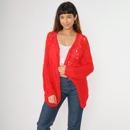 70s Red Cardigan Sweater Open Weave Sheer Knit Long Sleeve Large
