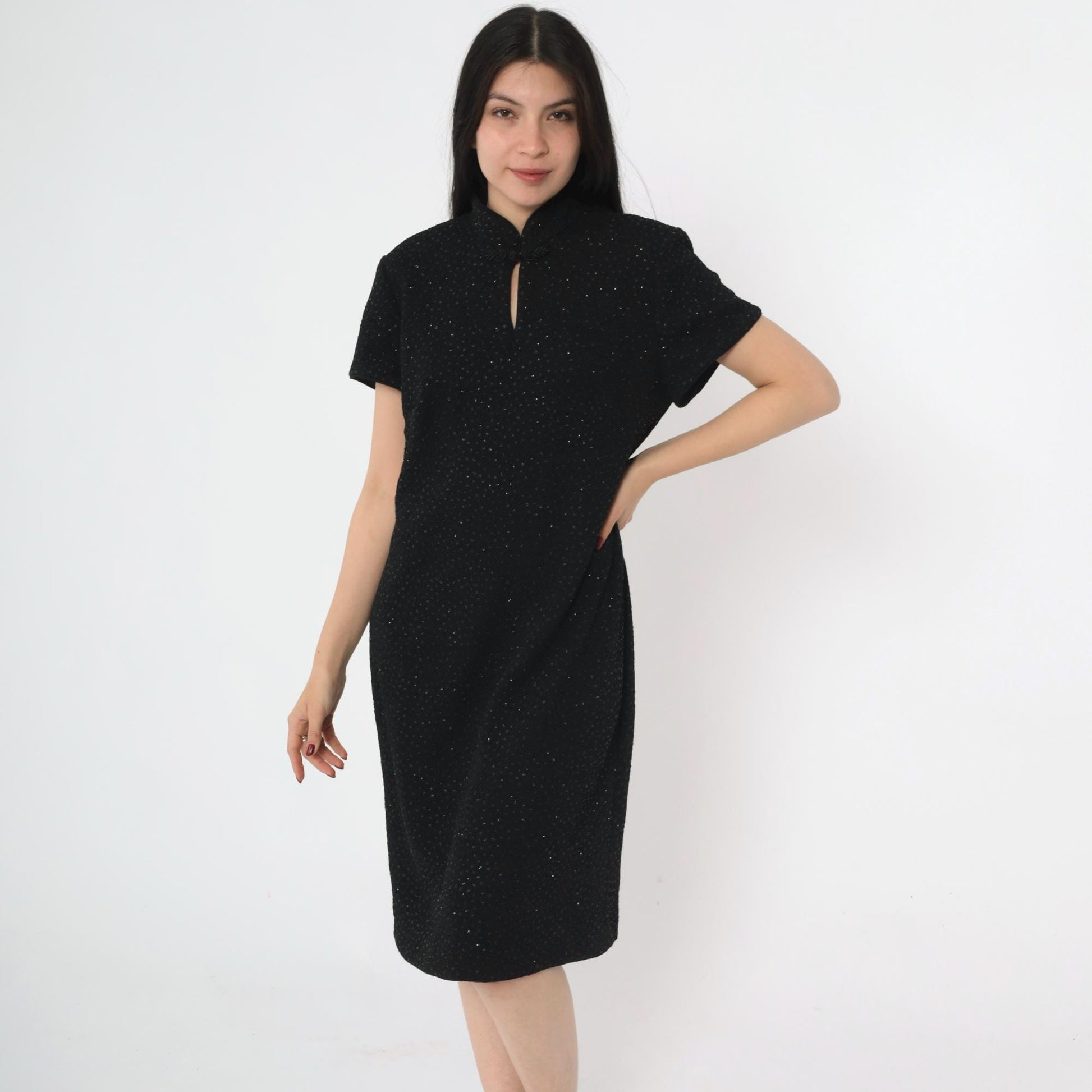 90s Black Glitter Cheongsam Midi Dress Keyhole Neck – Shopexile