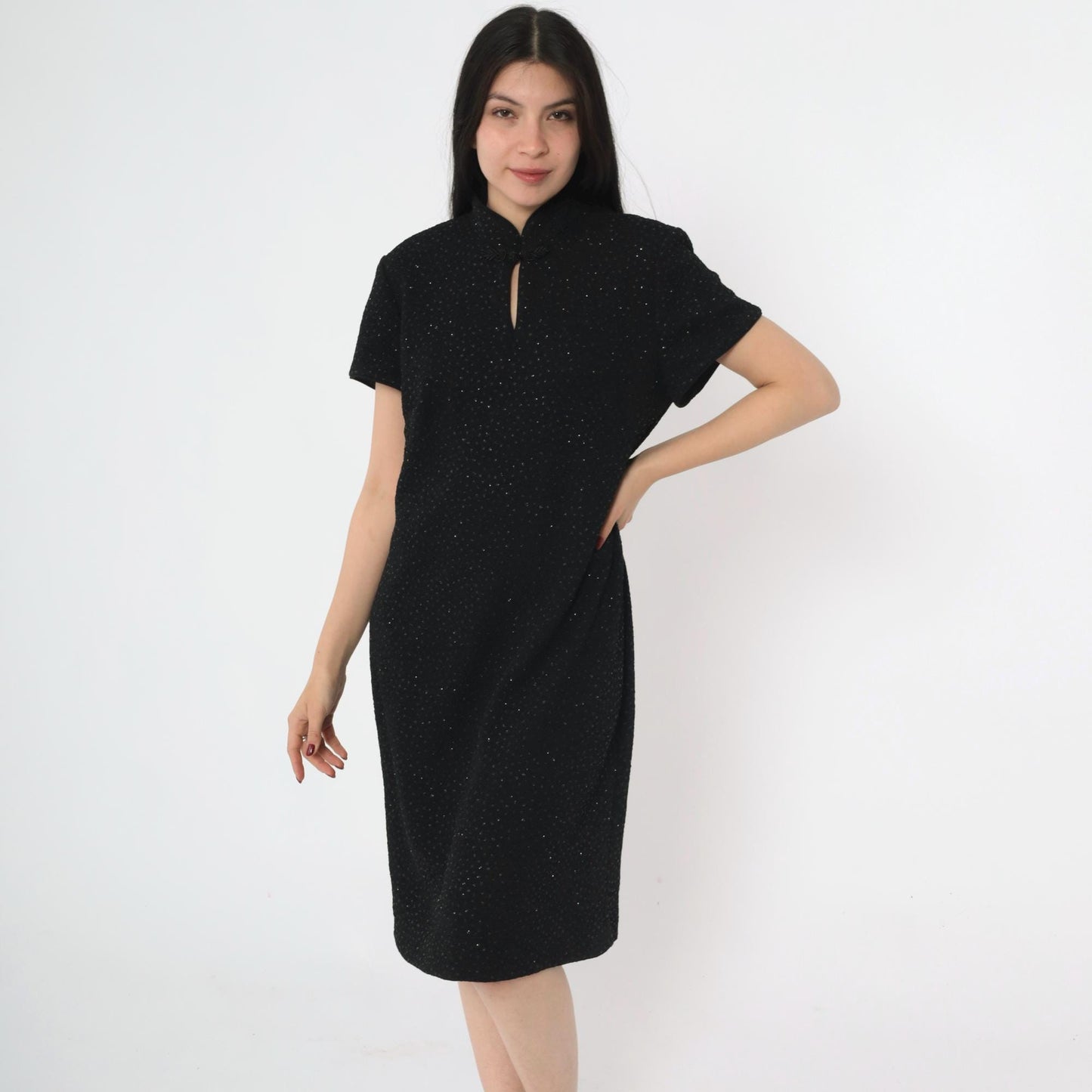 90s Black Glitter Cheongsam Midi Dress Keyhole Neck Short Sleeve Large