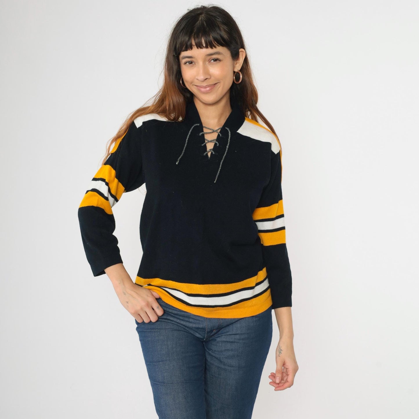 70s Franklin Hockey Jersey Sweater Black Gold Striped Lace-Up Large L