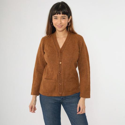 70s Flecked Brown Wool Cardigan V Neck Button Up Knit Sweater Small Medium