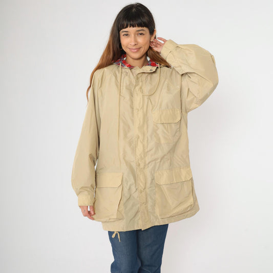 80s Open Trails Beige Nylon Anorak Jacket Plaid Lined Hooded Windbreaker Large L
