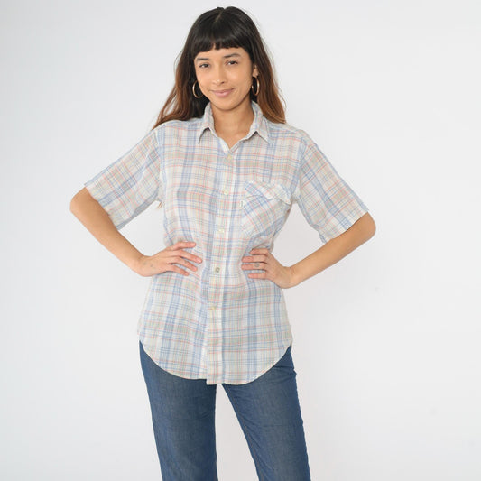 80s Levi's Plaid Button-Up Shirt White Blue Red Checkered Short Sleeve Medium