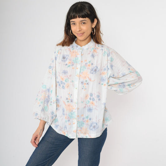 70s Pastel Floral Mandarin Collar Blouse Batwing Sleeve Button Up Large L