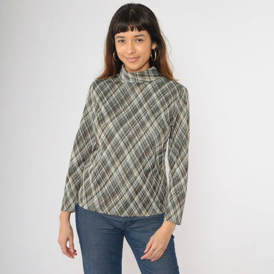 70s Brown Grey Plaid Turtleneck Shirt Long Sleeve High Neck Medium M