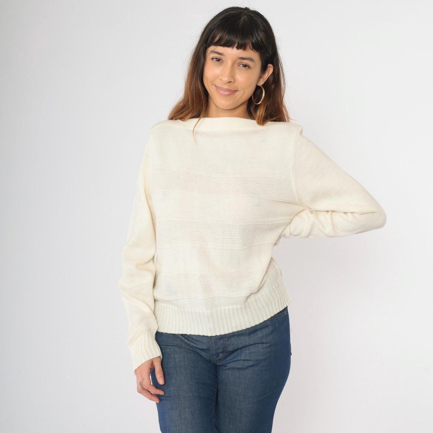 80s Izod Lacoste Boatneck Sweater Cream Knit Crocodile Logo Medium
