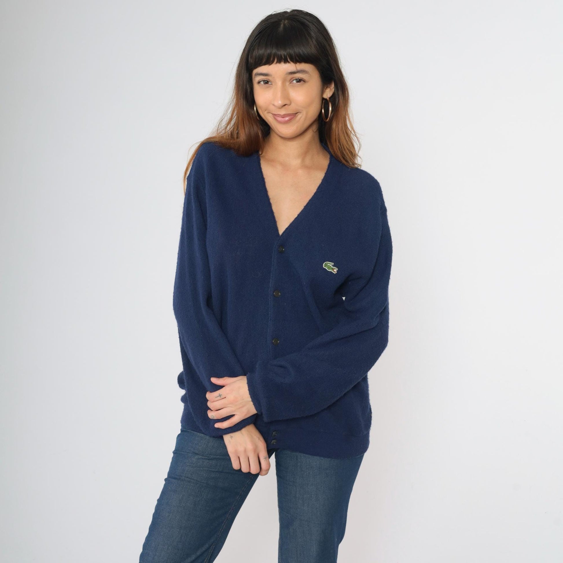 80s Izod Lacoste Navy Cardigan Sweater Crocodile Knit Medium M
