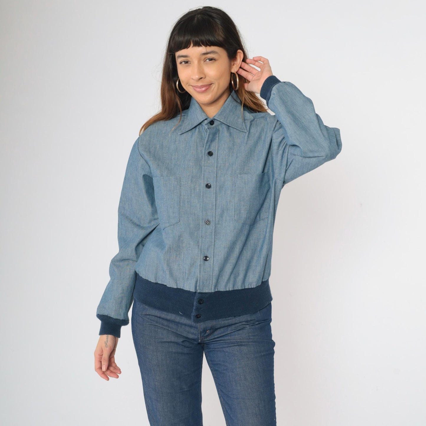 70s H.I.S Chambray Work Jacket Blue Button Up Utility Shirt Medium