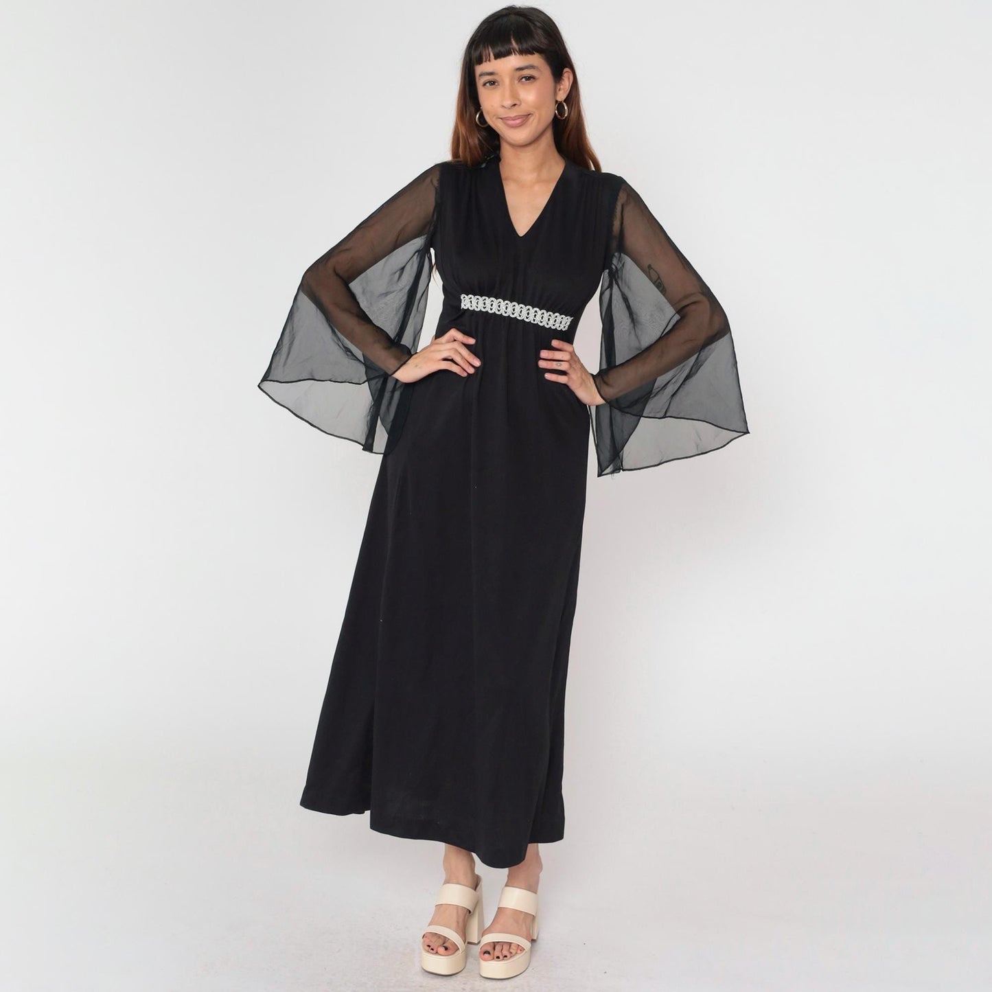 70s Black Chiffon Angel Sleeve Maxi Dress Silver Trim Empire Waist Medium