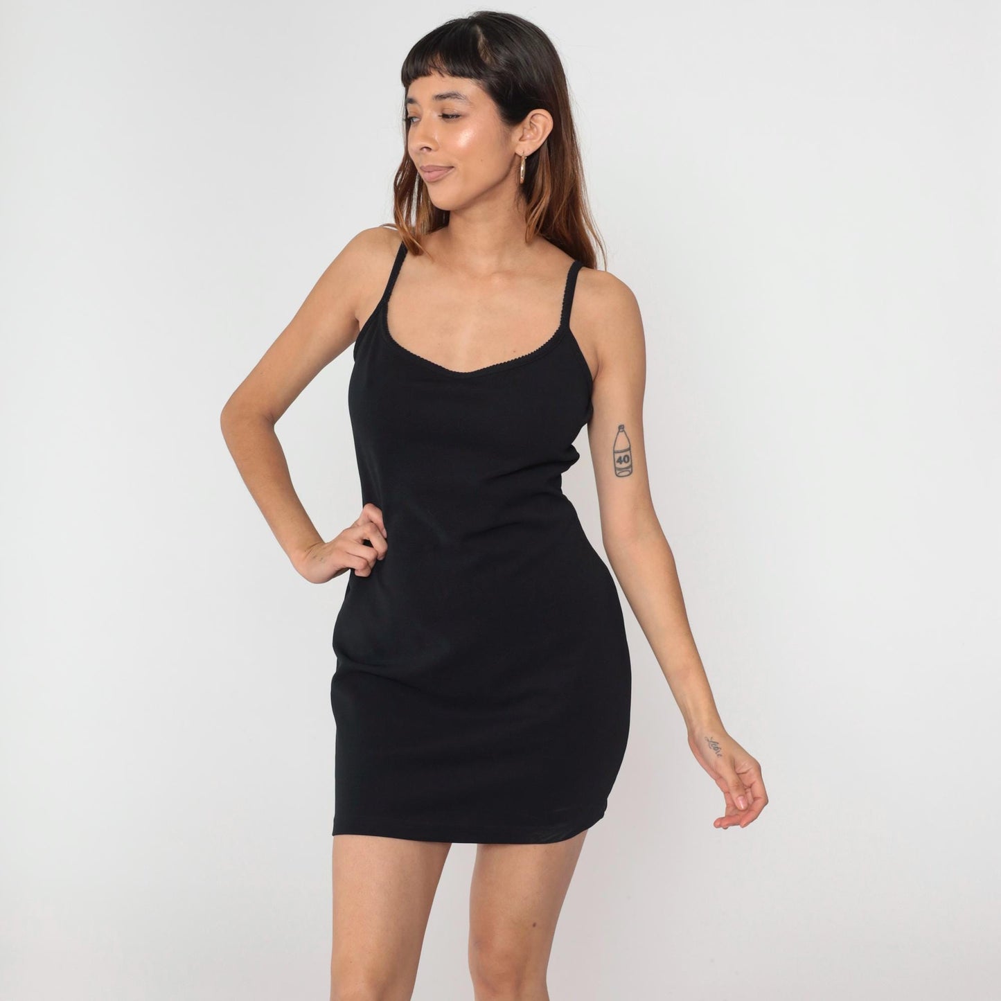 90s Black Bodycon Mini Dress Spaghetti Strap Tank Sleeveless Medium M