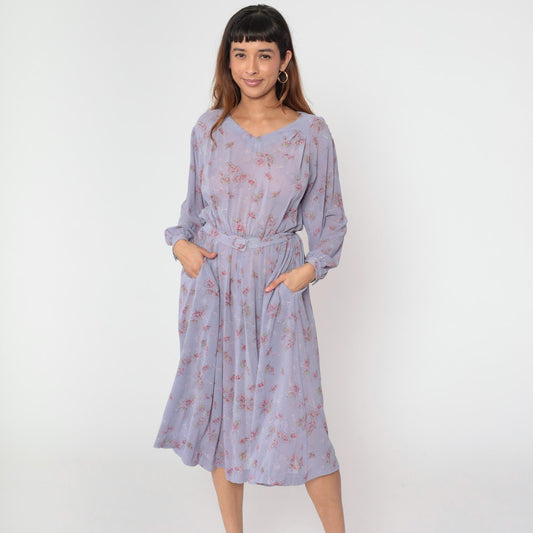 80s Lavender Floral Midi Dress High Waist Long Sleeve V-Neck Small Medium