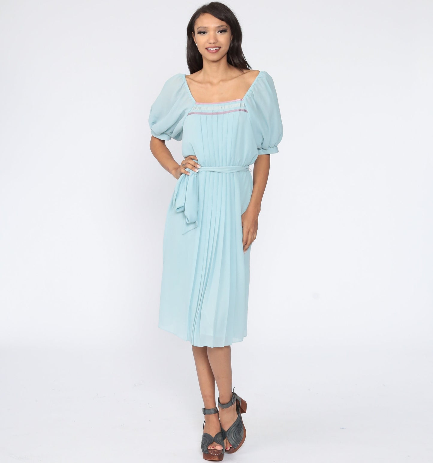 70s Baby Blue Pleated Midi Dress Puff Sleeve High Waist Small