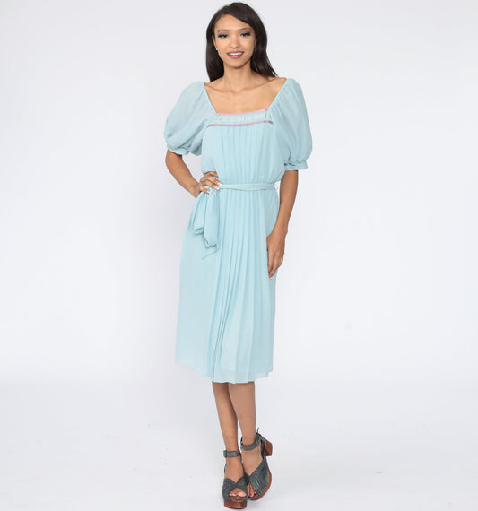 70s Baby Blue Pleated Midi Dress Puff Sleeve High Waist Small