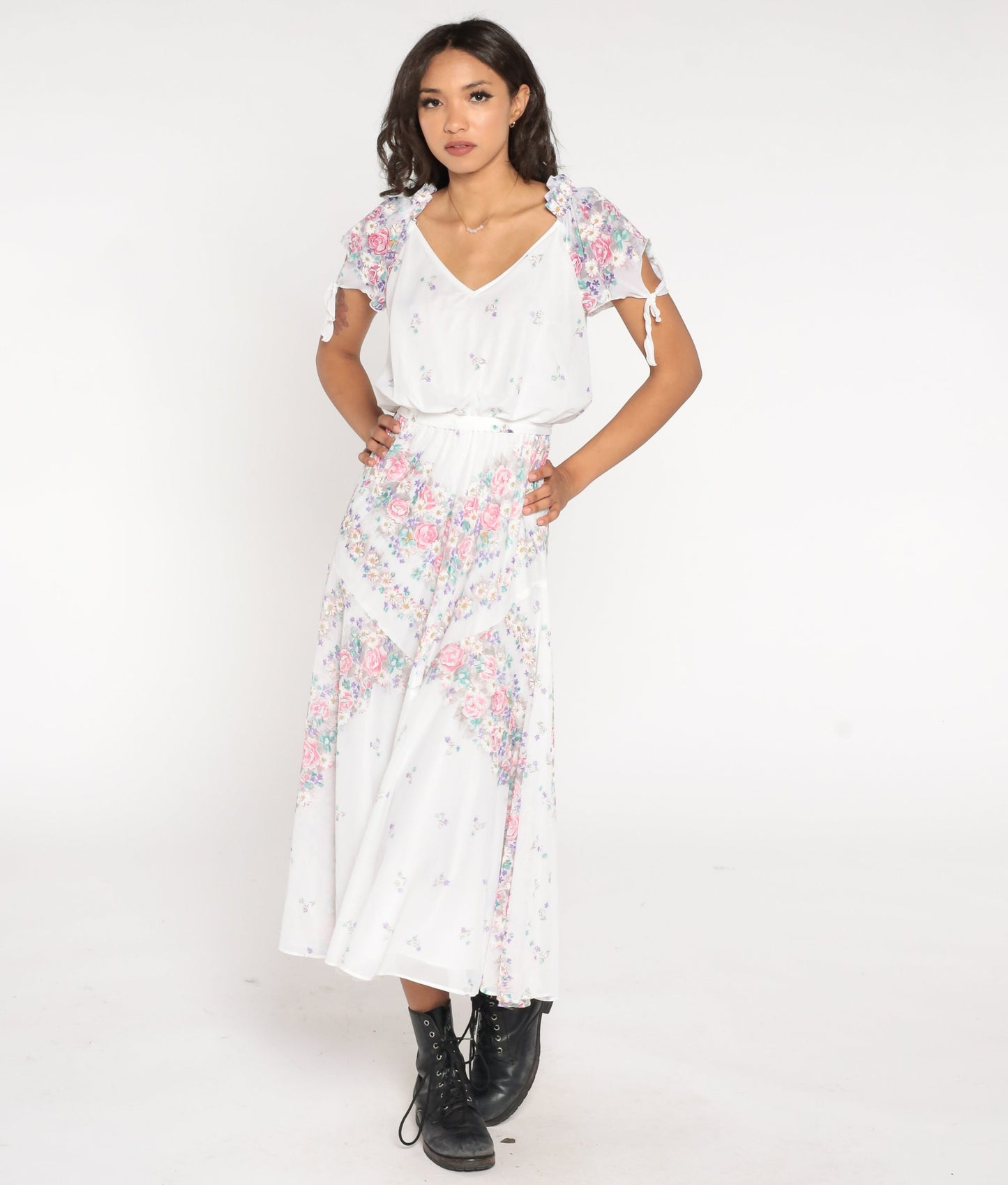 70s Floral Midi Dress White Print Flutter Sleeve Tie Waist Small Medium