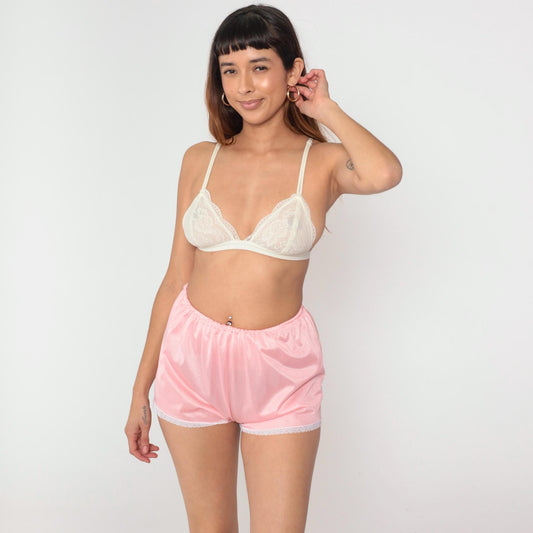 80s Pink Nylon Pajama Shorts Lace Trim Elastic Waist Small S