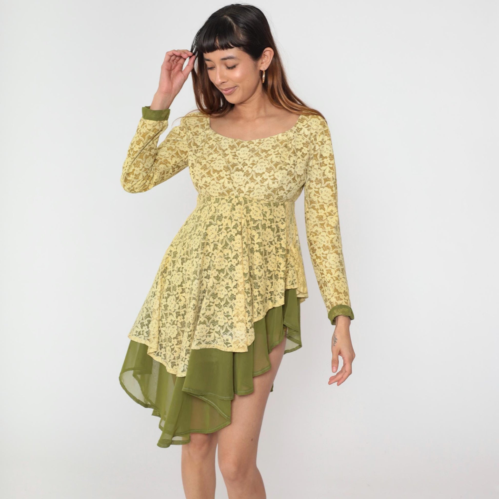 60s Yellow Lace Dress Green Sheer Empire Waist Asymmetrical Hem Small Medium