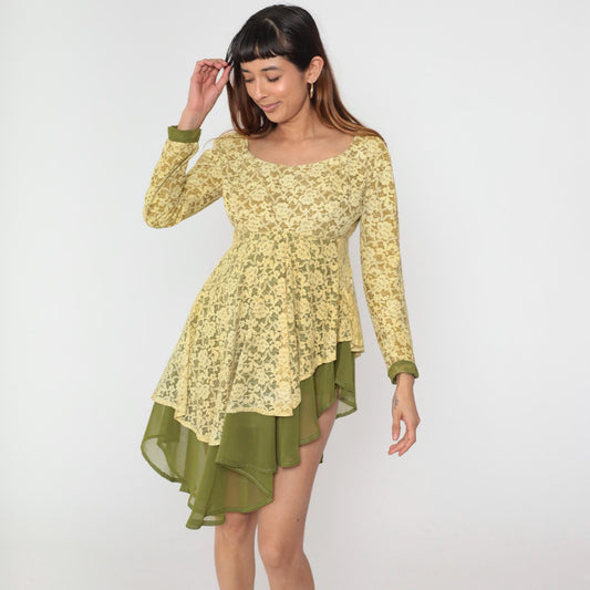 60s Yellow Lace Dress Green Sheer Empire Waist Asymmetrical Hem Small Medium