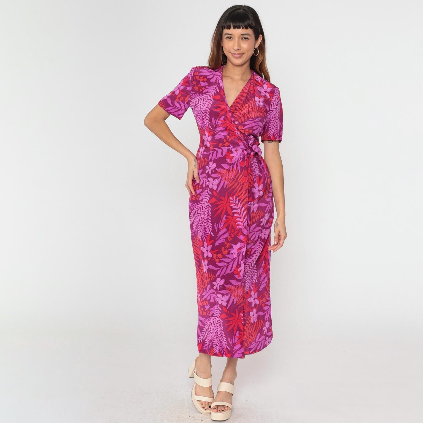 Y2K Adrianna Papell Silk Wrap Dress Purple Red Floral Midi Small 6