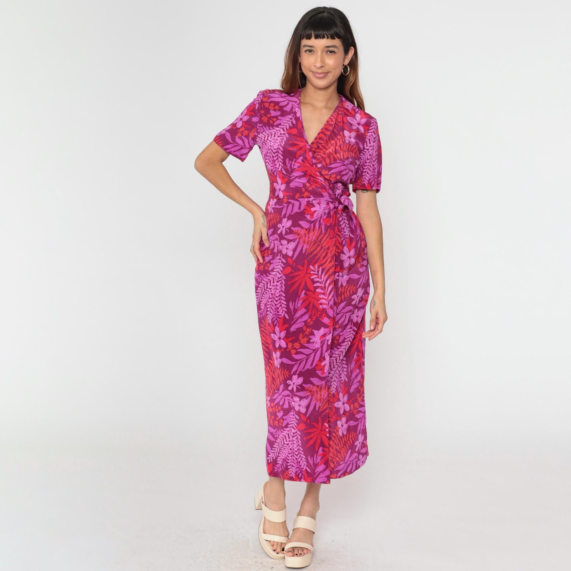 Y2K Adrianna Papell Silk Wrap Dress Purple Red Floral Midi Small 6
