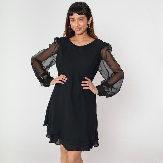 90s Black Chiffon Mini Dress Bishop Sleeve Shift Layered Ruffle Hem Large