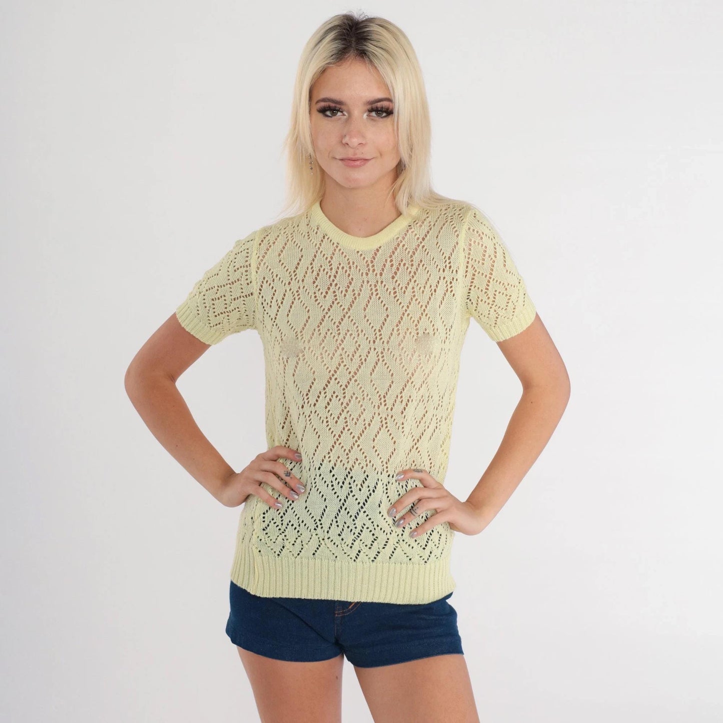 70s Yellow Pointelle Knit Top Short Sleeve Cutout Blouse Extra Small XS