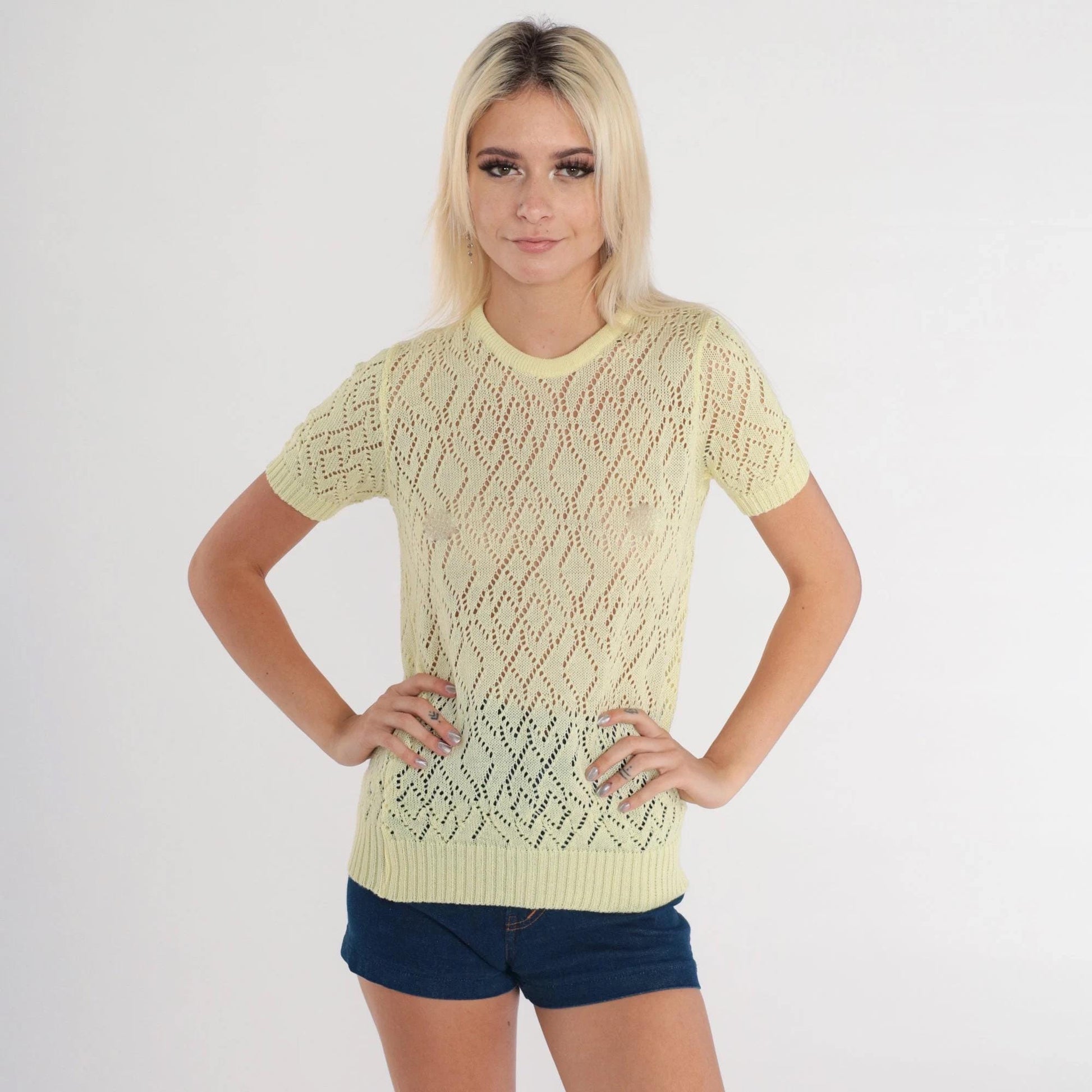 70s Yellow Pointelle Knit Top Short Sleeve Cutout Blouse Extra Small XS