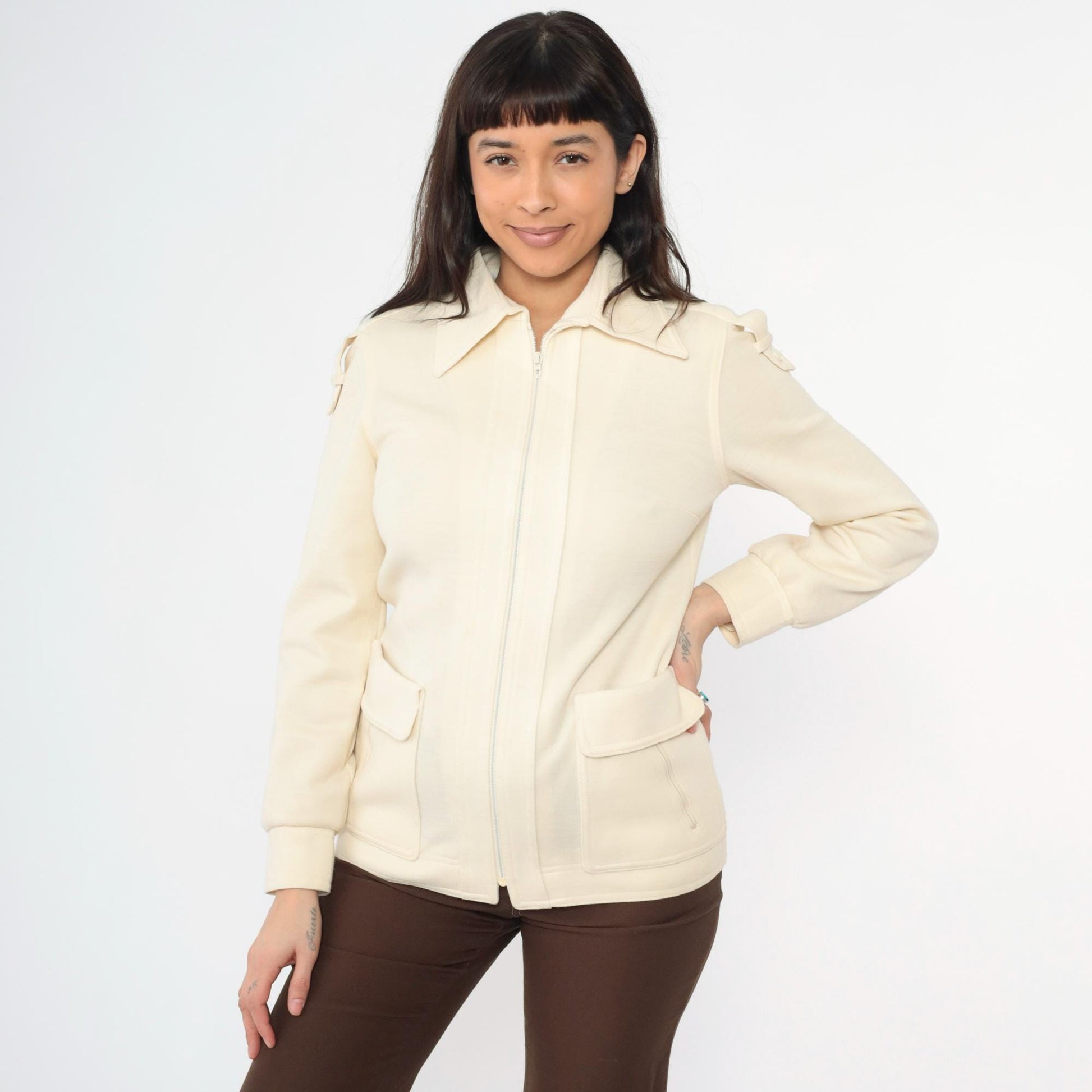 70s Cream Knit Zip Jacket Epaulettes Pointed Collar Small S