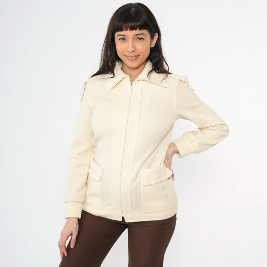 70s Cream Knit Zip Jacket Epaulettes Pointed Collar Small S