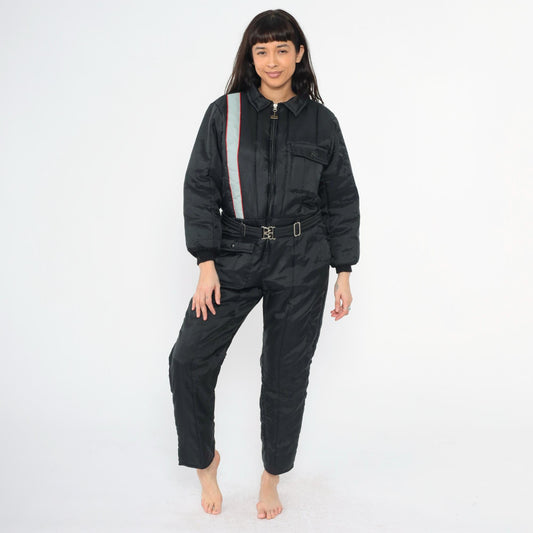 80s Walls Blizzard Pruf Black Striped Ski Suit One-Piece Snowsuit Youth 18