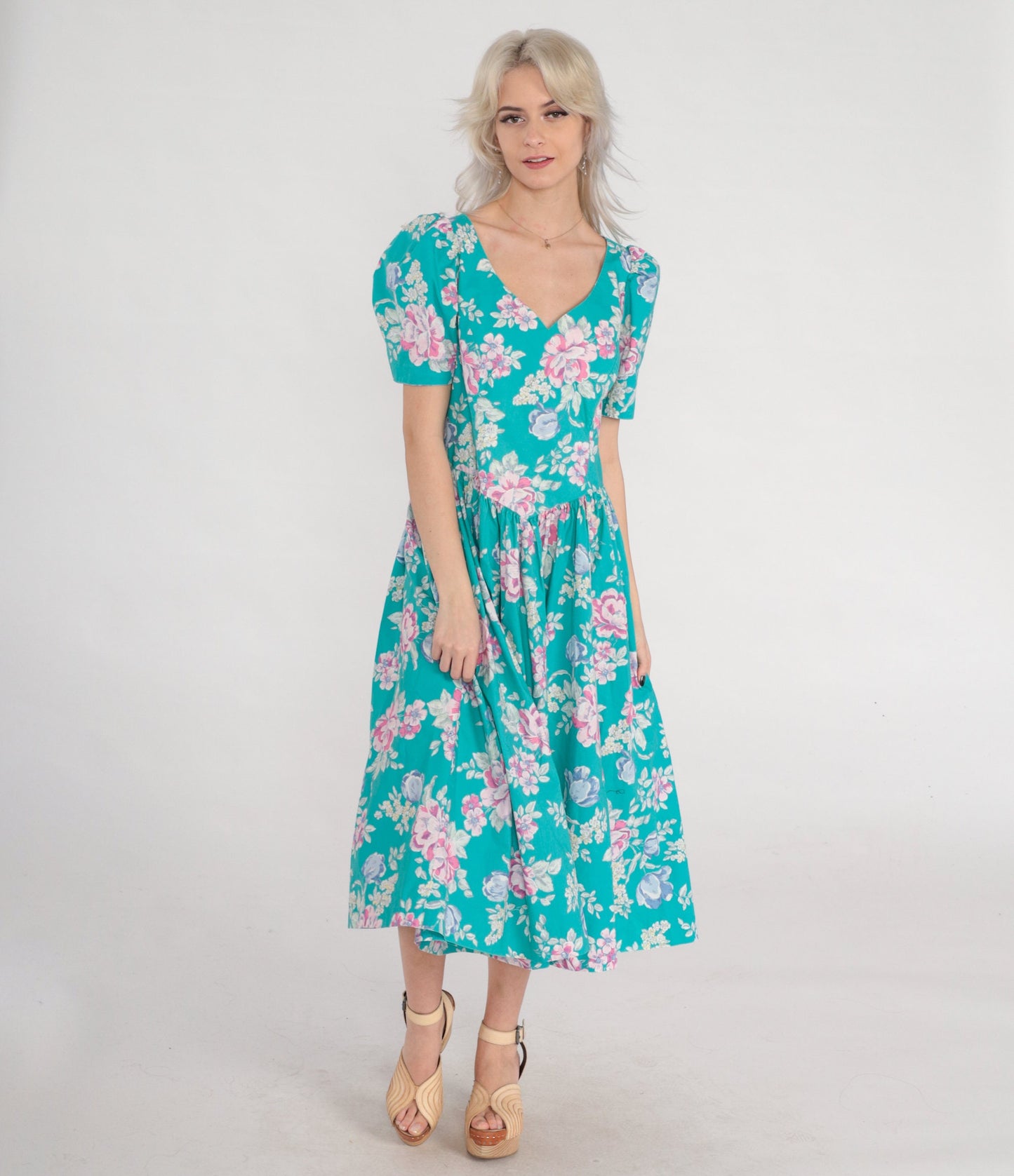 80s Laura Ashley Turquoise Floral Midi Dress Puff Sleeve Basque Waist Medium