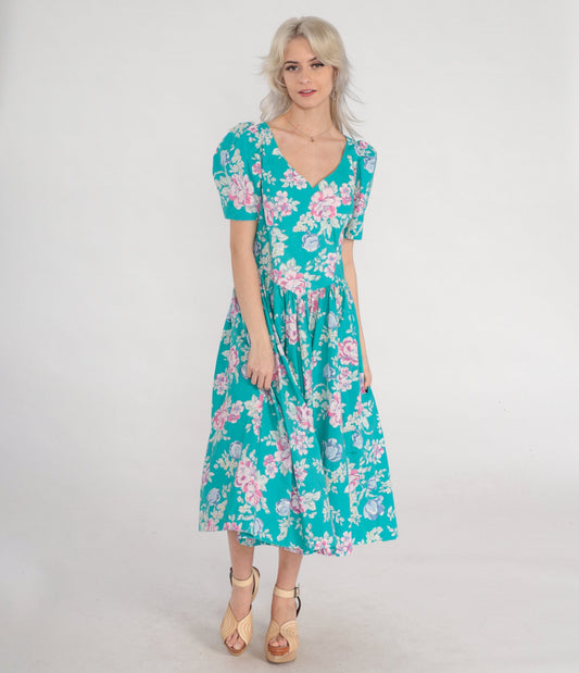 80s Laura Ashley Turquoise Floral Midi Dress Puff Sleeve Basque Waist Medium