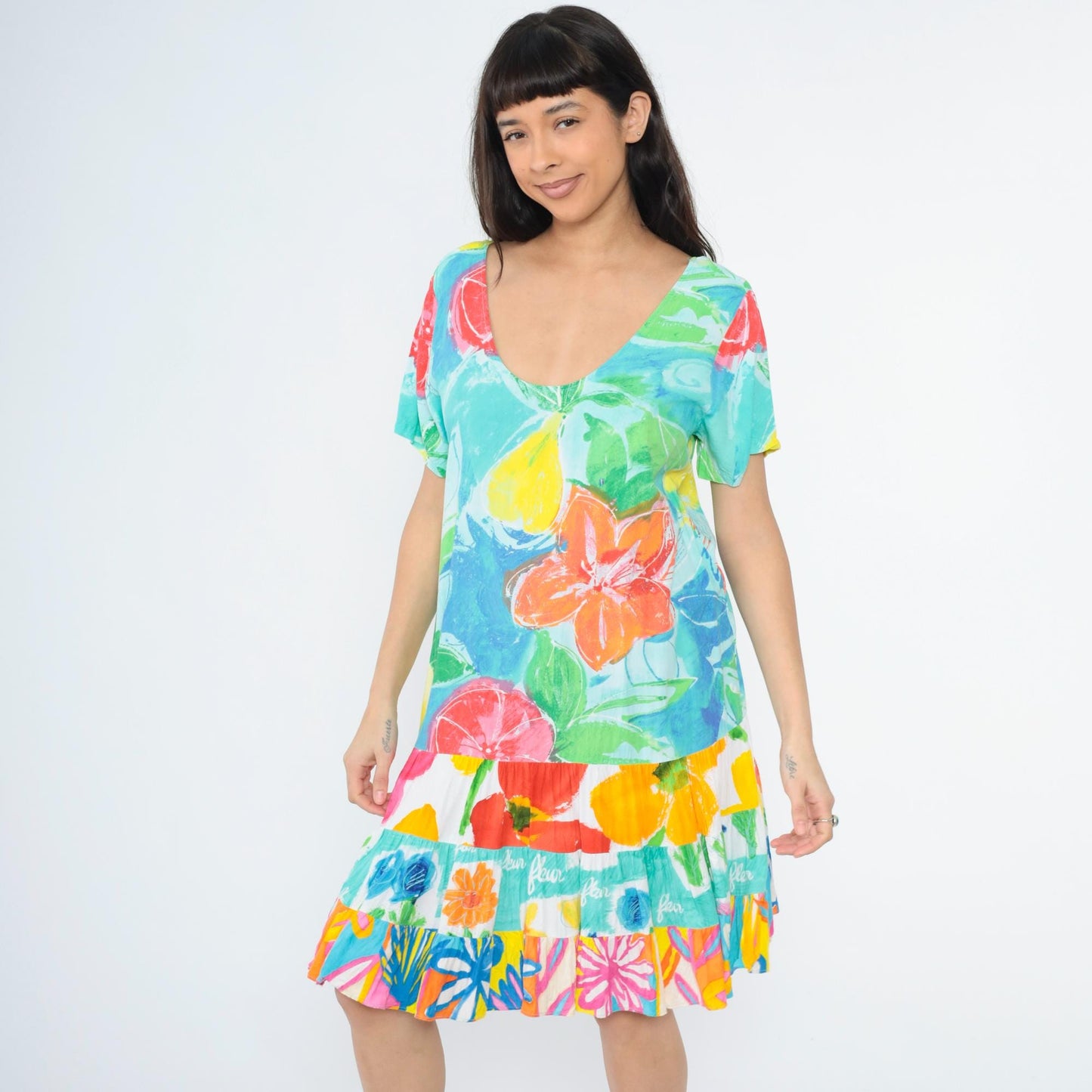 Jams World Tropical Watercolor Floral Dress Scoop Neck Tiered Skirt Extra Large