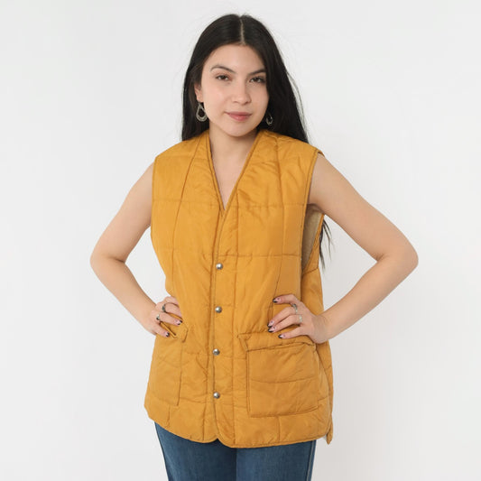 70s Western Trails Mustard Puffer Vest Quilted Faux Sherpa Lined Snap Medium