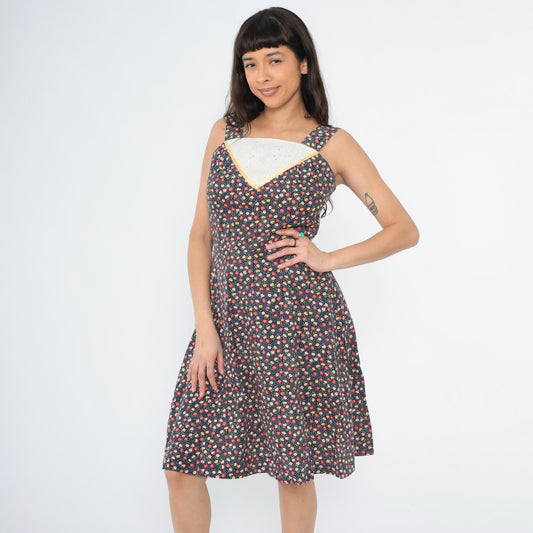 70s Navy Floral A-Line Dress Eyelet Lace Inset Sleeveless Knee Small